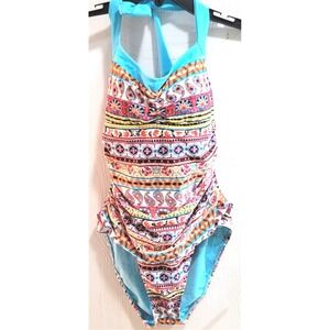 NWT Into the Bleu 8 Halter Top One Piece Swimsuit Aqua & Orange Paisley #98671